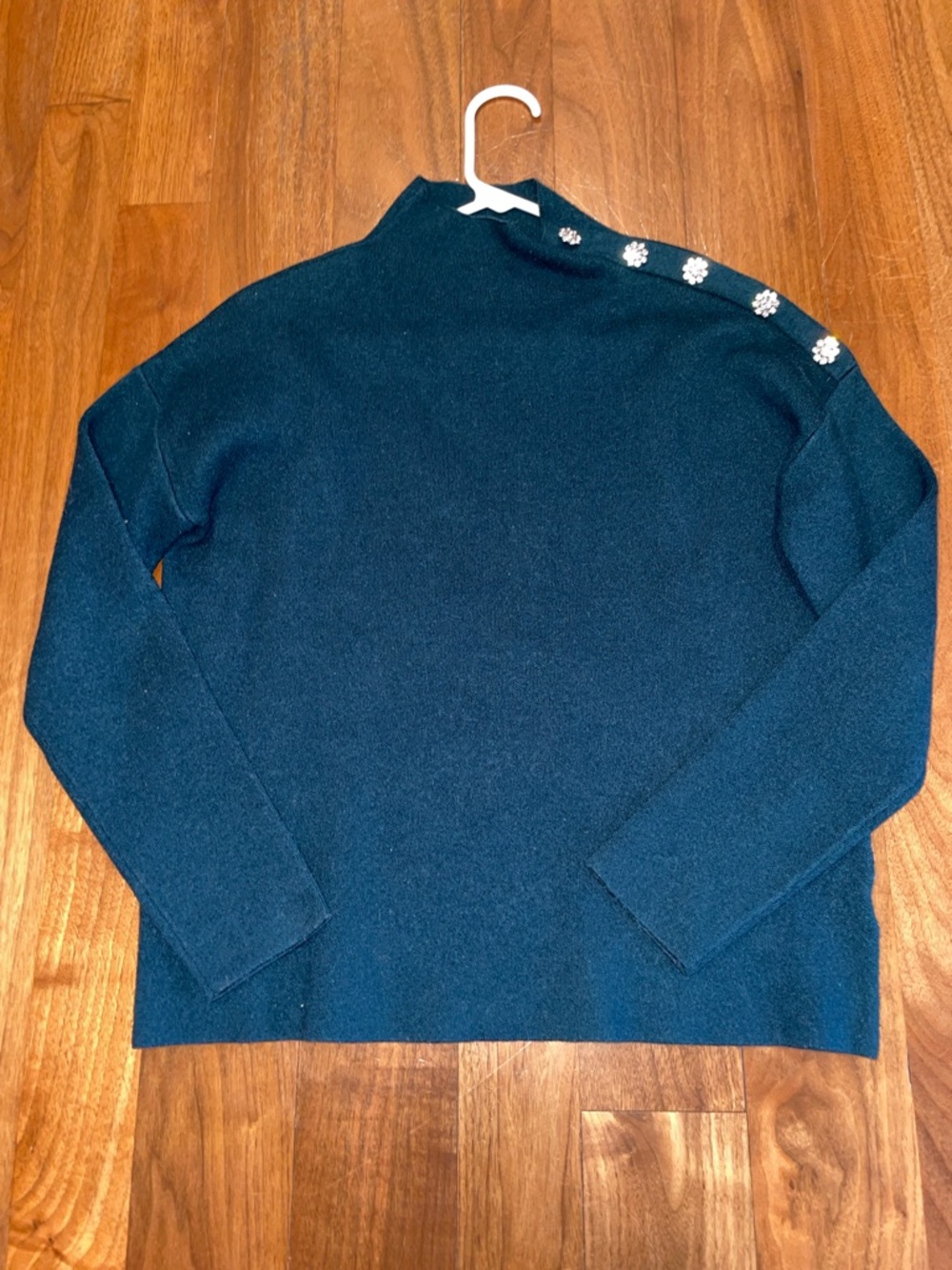Tahari Dark Green Mock Neck Sweater with Jeweled Shoulder Buttons